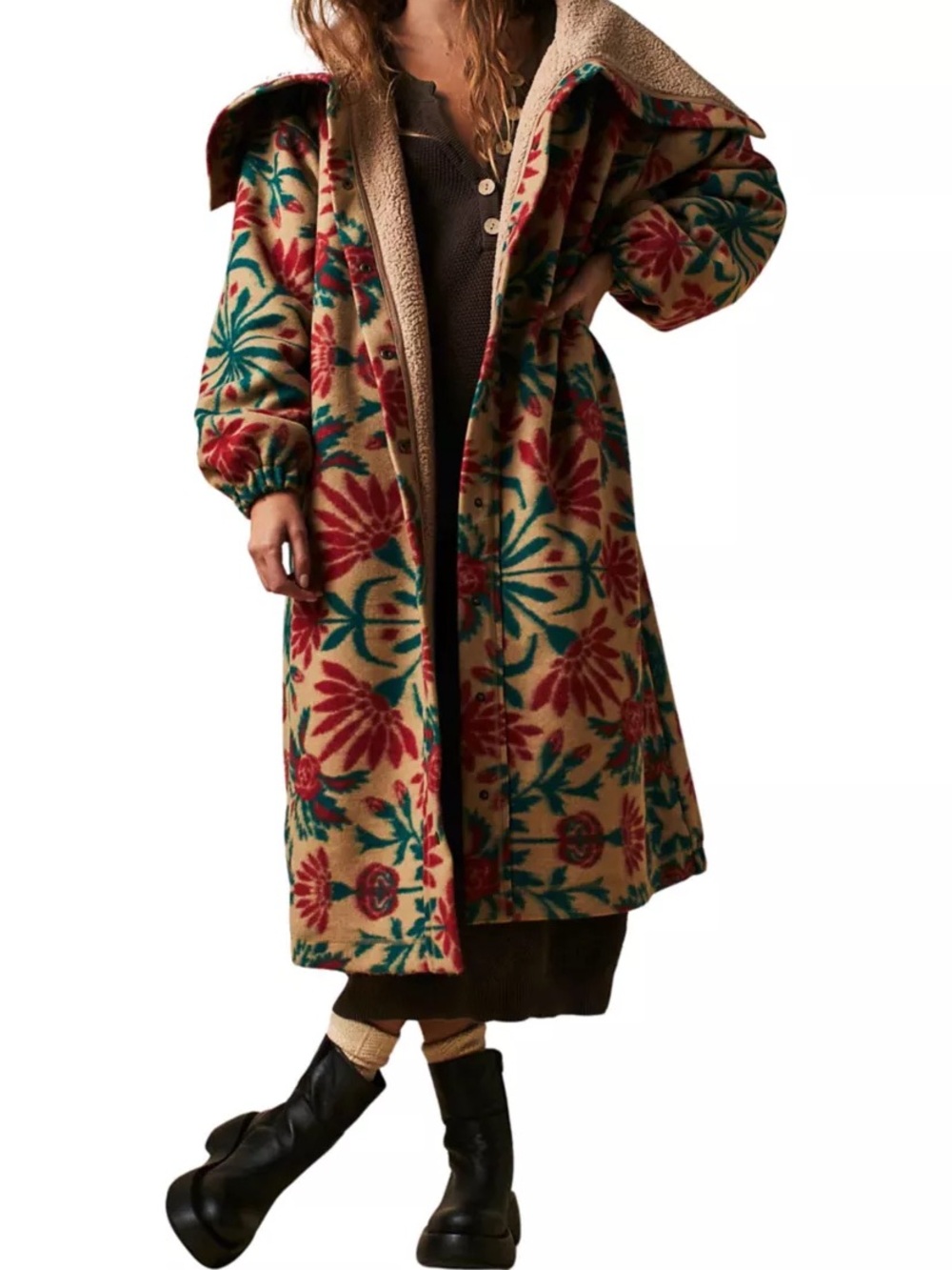 Free People Floral Teddy Sherpa Jacket - Beige, Teal & Red